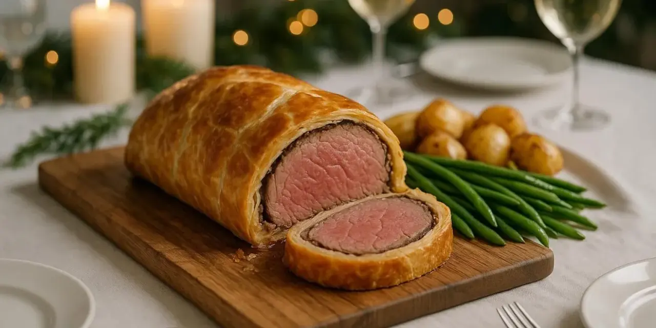 Un magnifique filet mignon en croûte, prêt à être dégusté, accompagné de pommes de terre rôties et de haricots verts. L'ambiance est festive avec des bougies et des lumières scintillantes.
