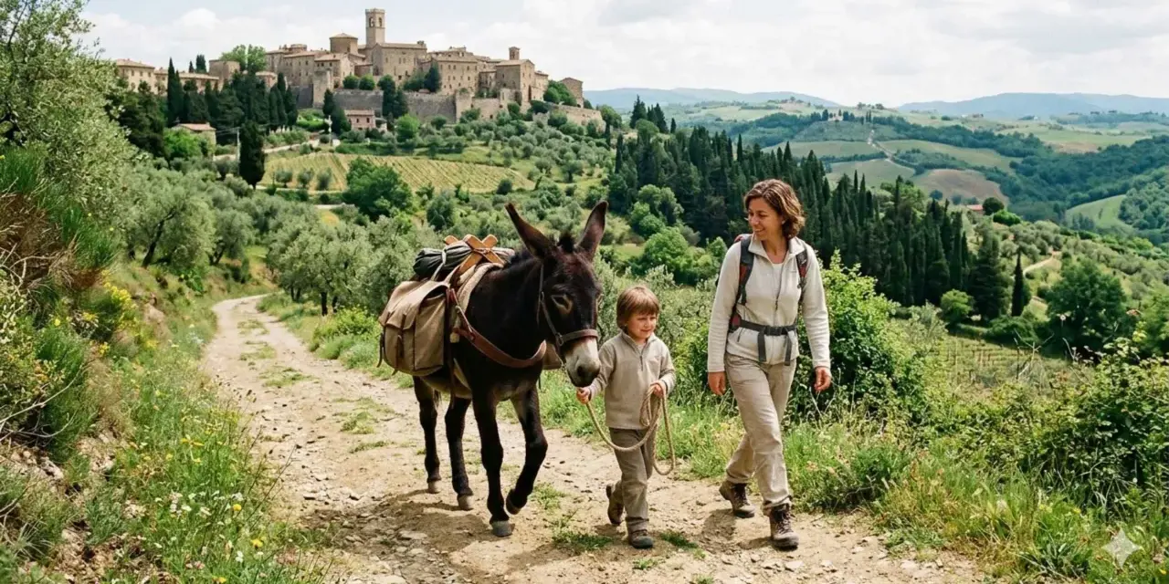 Una donna e un bambino camminano su sentieri Val d'Orcia con un asino carico, sullo sfondo un borgo medievale.