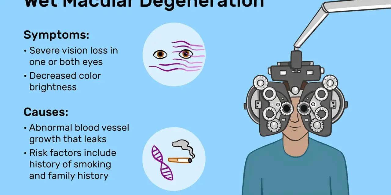 Illustrazione sulla degenerazione maculare umida, con sintomi e cause. Un occhio stilizzato mostra visione offuscata, un altro fumo e DNA. Un uomo con un forottero per un esame della vista.