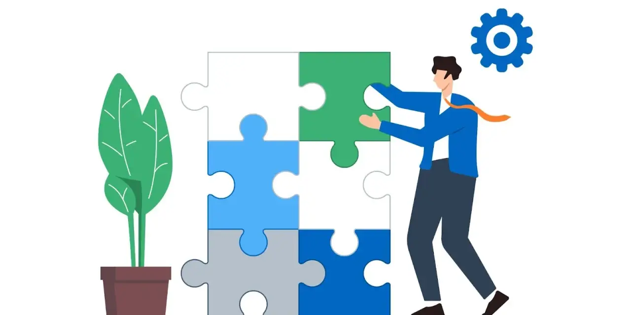 Biznesmen układa puzzle, tworząc spójny układ konsumencki. Obok rośnie roślina, symbolizująca rozwój.