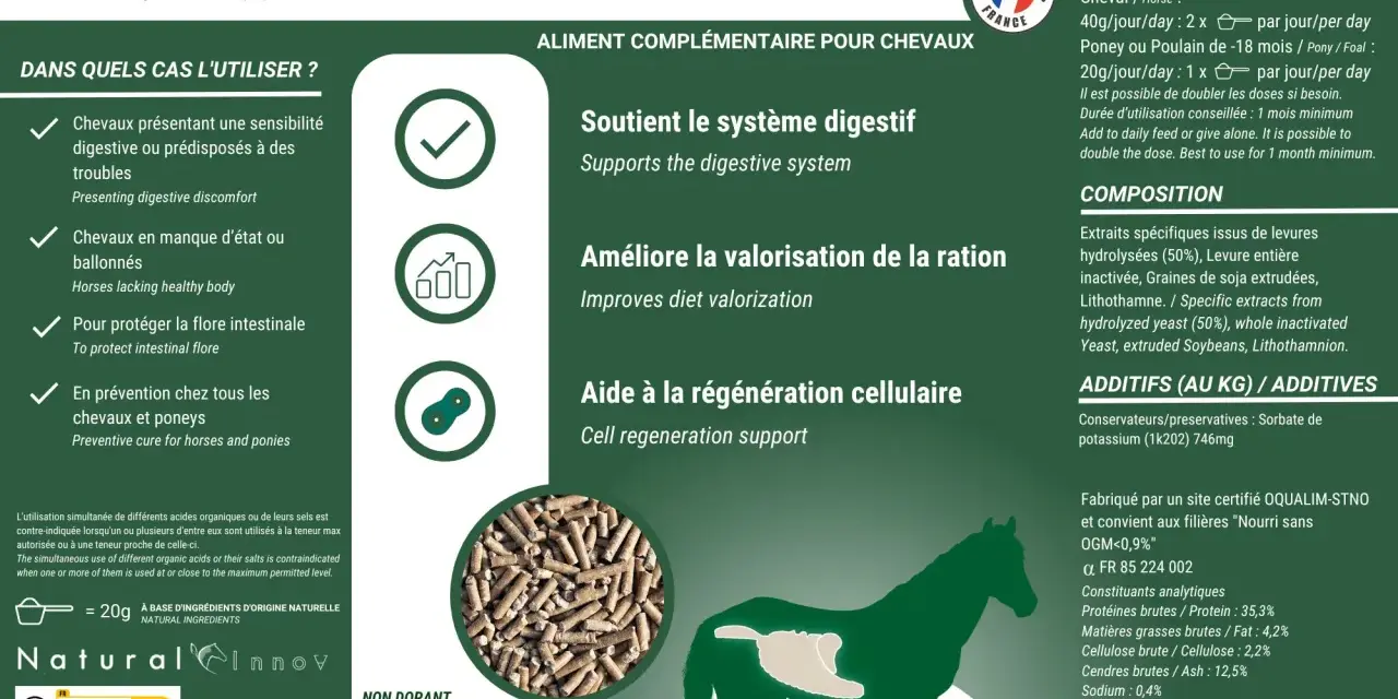 Aliment complémentaire pour chevaux, Natural'Digest, soutient le système digestif. Non dopant, 1,2kg.