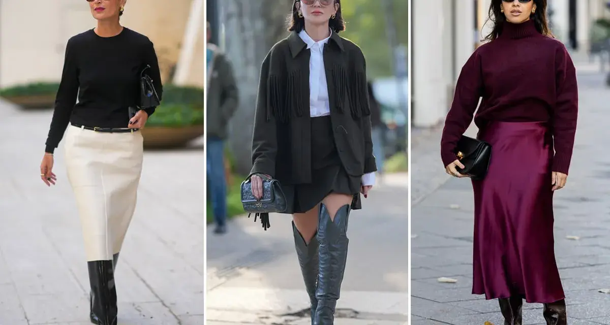 Tre donne sfoggiano un outfit gonna e stivali alti: uno con gonna bianca e stivali neri, uno con gonna verde e stivali texani, e uno con gonna di raso bordeaux e stivali scuri.