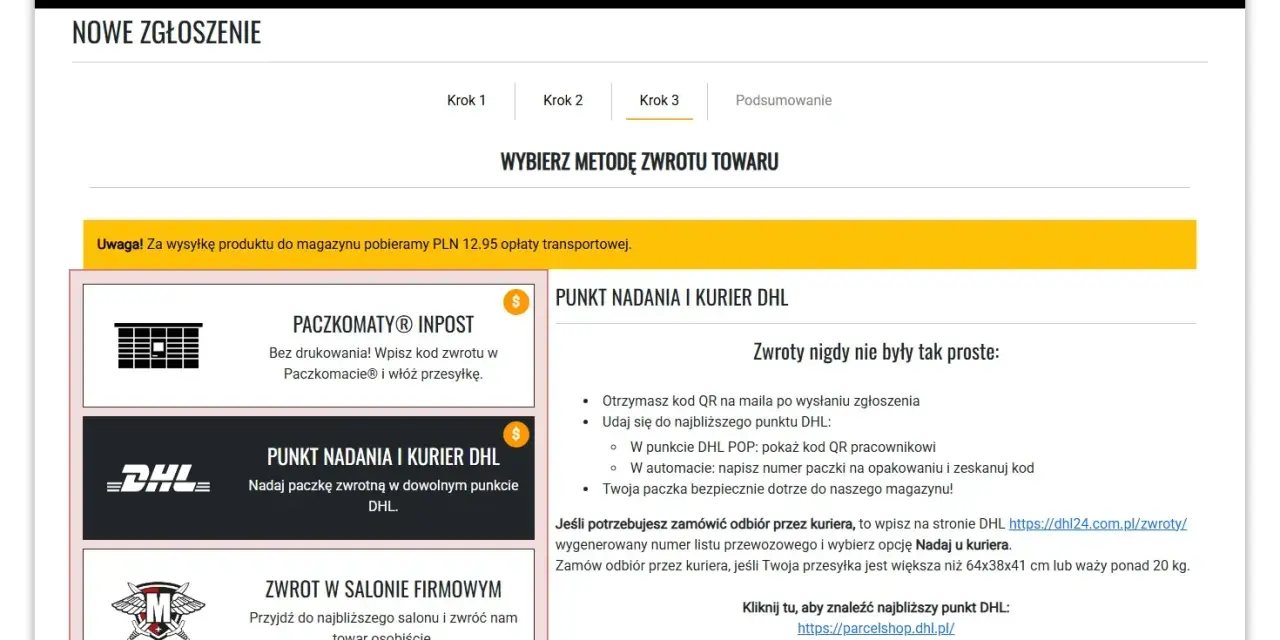 Strefa zwrotów i reklamacji. Wybierz metodę zwrotu towaru: Paczkomaty InPost, punkt nadania i kurier DHL, zwrot w salonie firmowym. Militaria zwroty.