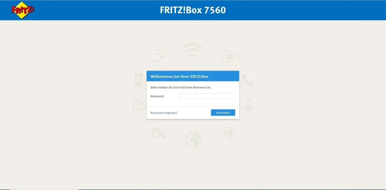 FRITZ!Box 7560 Login-Seite. Hier finden Sie Antworten auf häufige Fragen (FRITZ!Box FAQ) und können sich mit Ihrem Kennwort anmelden.