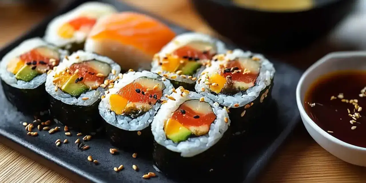 Pyszne domowe sushi z łososiem, awokado i mango, posypane sezamem, gotowe do zanurzenia w sosie sojowym.