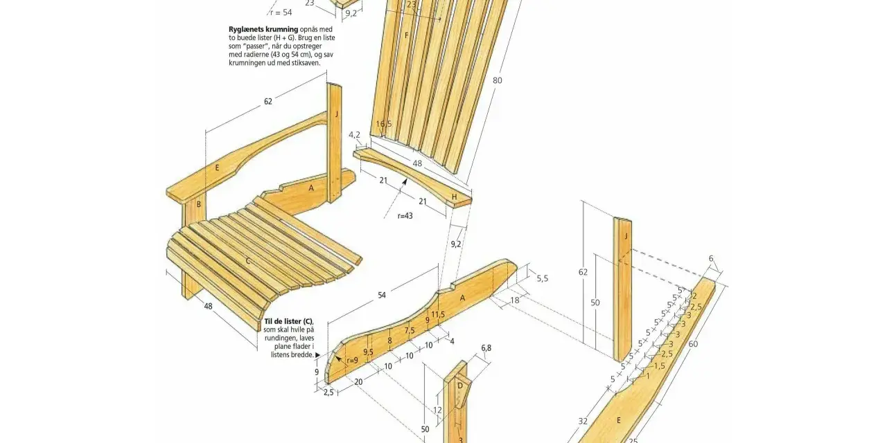 Detaljerad adirondackstol ritning med mått. Perfekt för dig som vill bygga en egen stol.