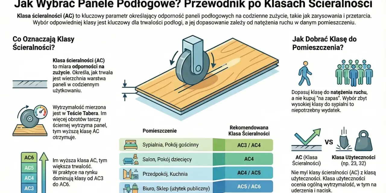 Wybierając panele, zwróć uwagę na klasy ścieralności (AC). Wyższa klasa AC oznacza większą trwałość podłogi w codziennym użytkowaniu.