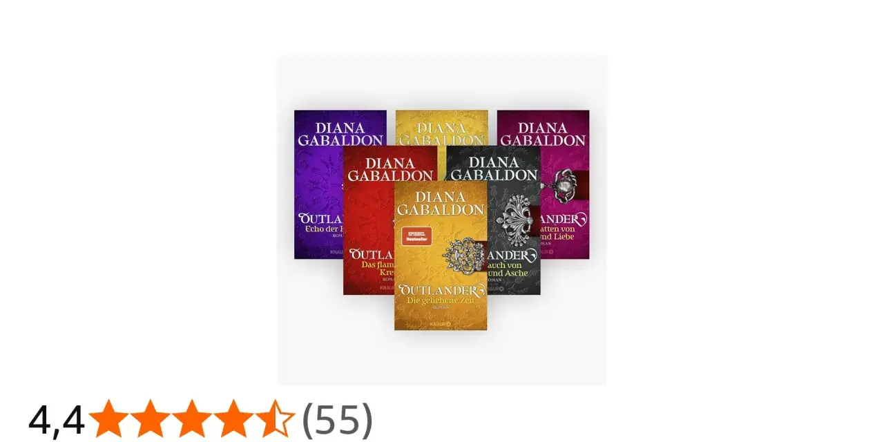 Mehrere Buchcover der Outlander-Reihe von Diana Gabaldon, teils mit Schmuckelementen.