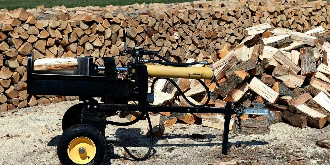 Czarna piło łuparka z żółtym cylindrem hydraulicznym stoi obok stosów drewna opałowego.