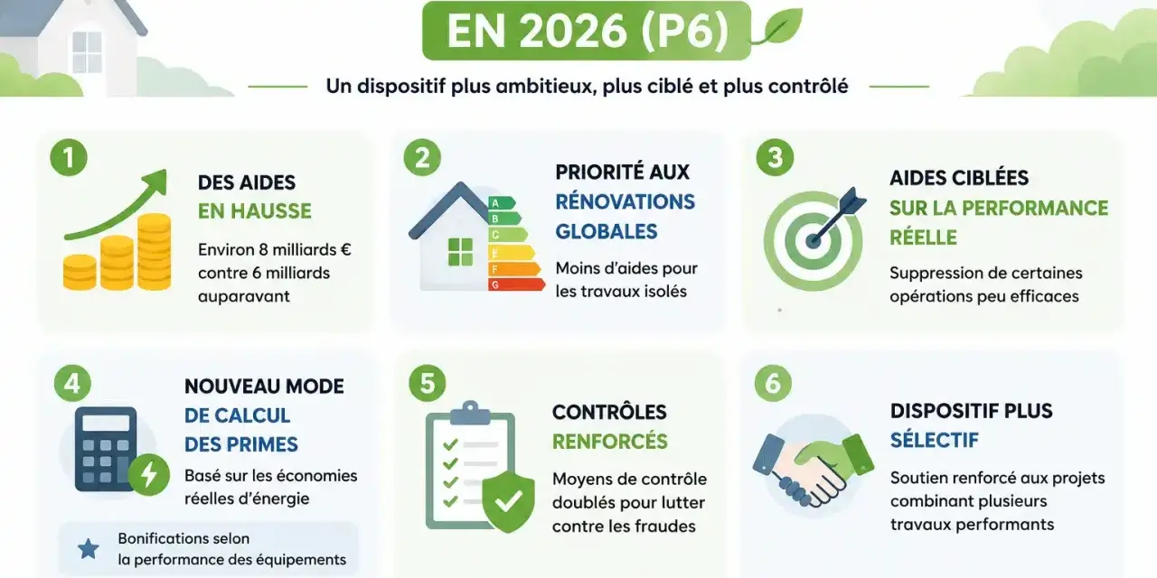 Infographie illustrant les évolutions des CEE en 2026 : aides en hausse, rénovations globales prioritaires, contrôles renforcés.
