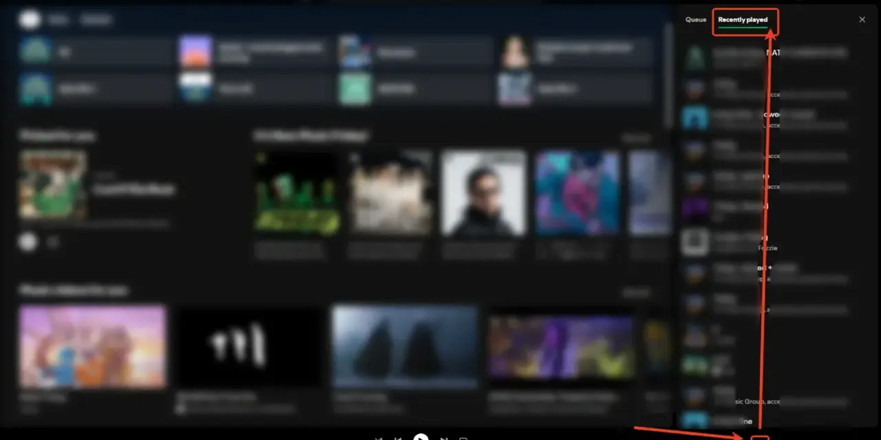 Spotify-Fenster mit hervorgehobener Liste "Recently played" (kürzlich abgespielt).