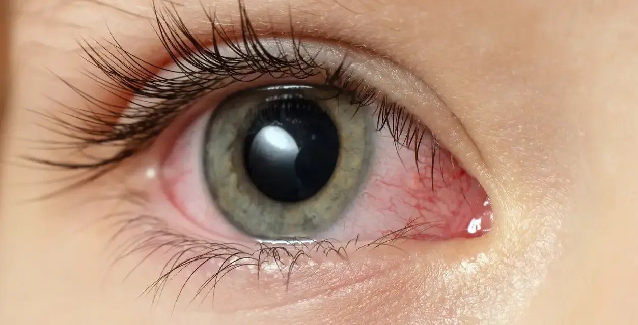 Occhio con congiuntivite, il cui significato è infiammazione. La sclera è arrossata e irritata.