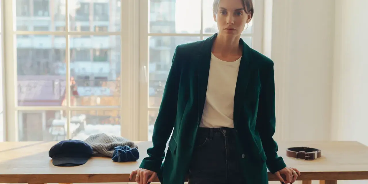 Elegancka kobieta w ciemnozielonej marynarce z aksamitu, stojąca przy drewnianym stole z akcesoriami.