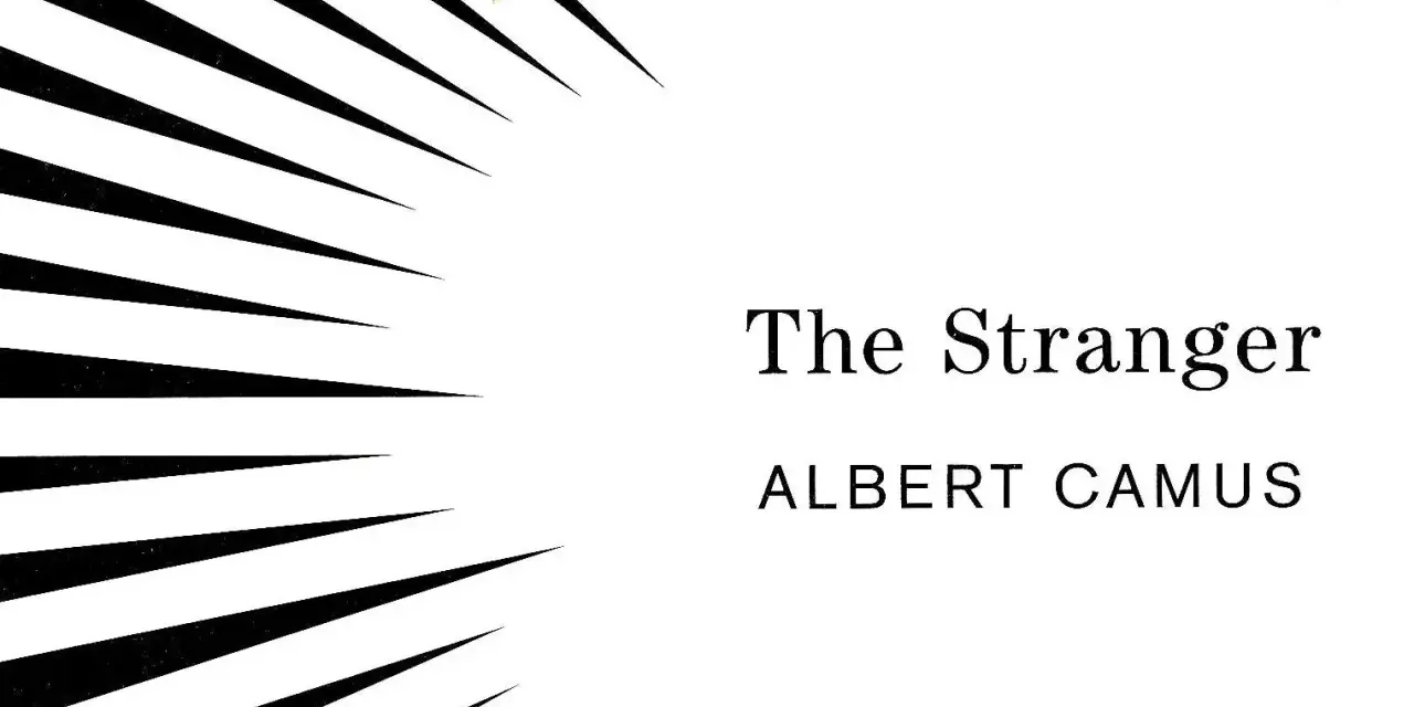 Abstrakte schwarze Linien auf weißem Hintergrund mit dem Titel "The Stranger" und "ALBERT CAMUS".