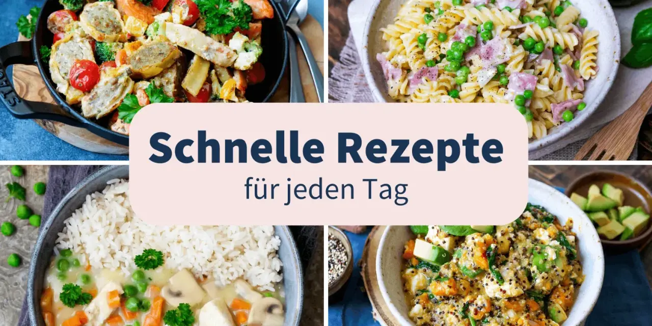 Vier bunte Gerichte: Gemüsepfanne, Nudeln mit Erbsen, Hähnchen mit Reis und Quinoa-Bowl. Perfekt für leichte Sommergerichte, die schnell zubereitet sind.