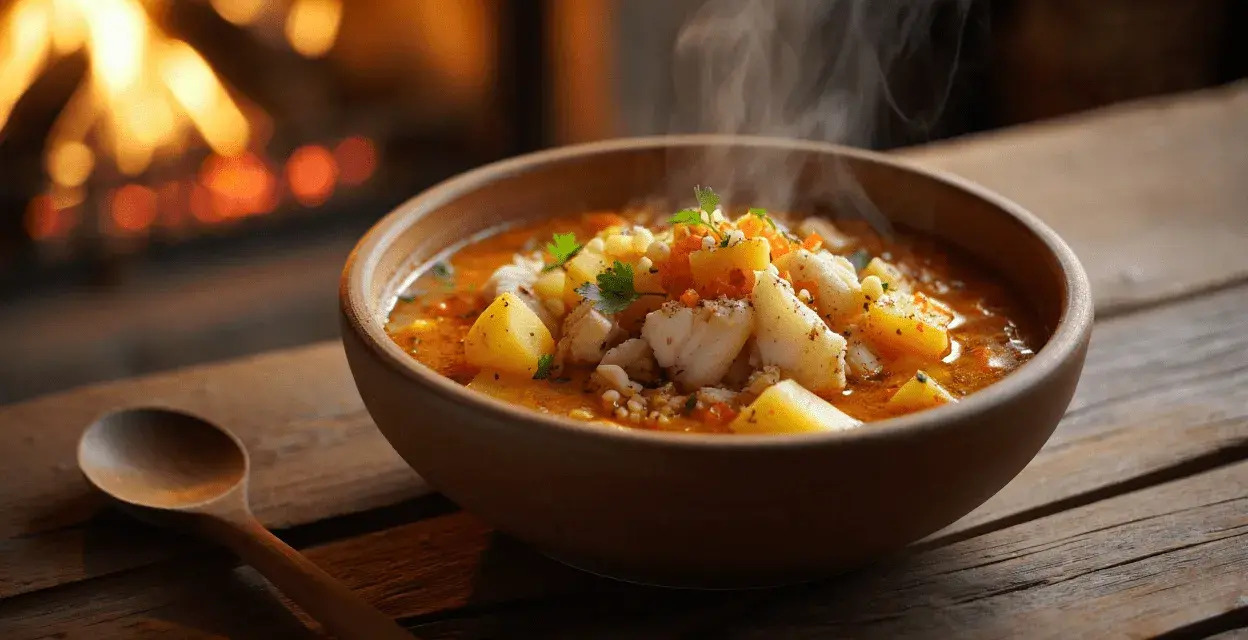 Un reconfortante plato de patatas con bacalao humeante, servido en un cuenco de madera junto a una chimenea crepitante.