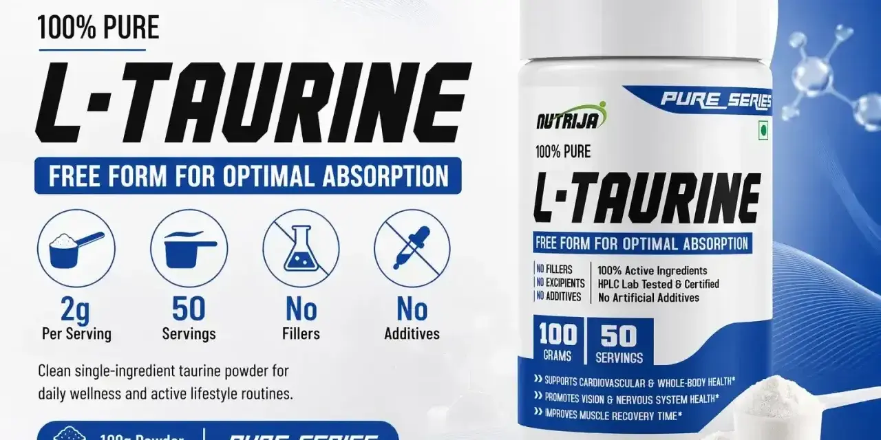 Czy tauryna pobudza? Nutrija L-Taurine, 100% czysty proszek, 2g na porcję, 50 porcji. Wspiera zdrowie, poprawia regenerację. Bez wypełniaczy i dodatków.