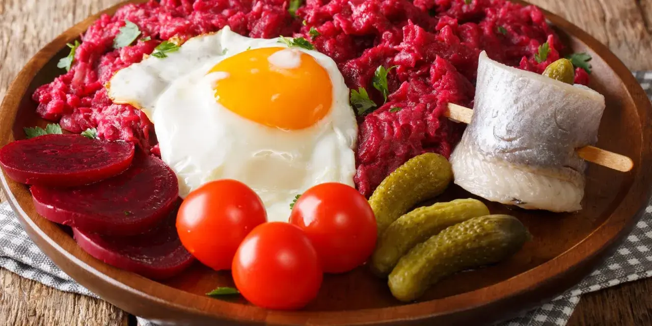 Labskaus: was ist das? Ein deftiges Gericht mit Roter Bete, Kartoffeln, Corned Beef, Spiegelei, Rollmops und Gewürzgurken.