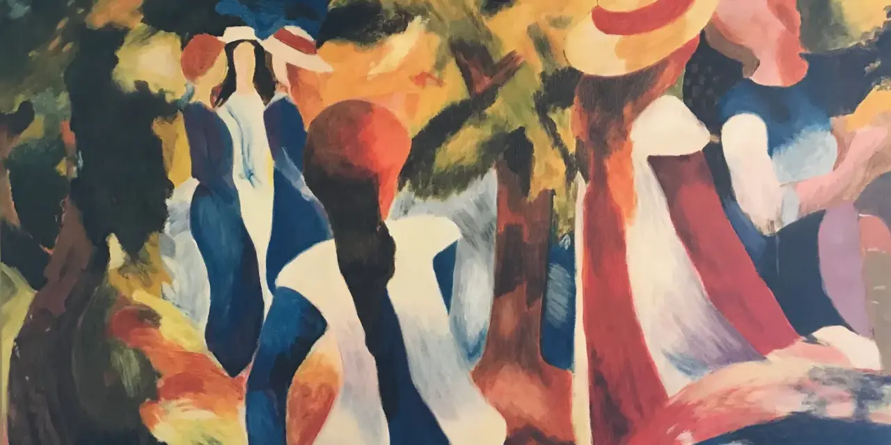 Une scène estivale peinte par un artiste peintre amateur. Des silhouettes aux chapeaux et robes colorées se promènent sous les arbres.