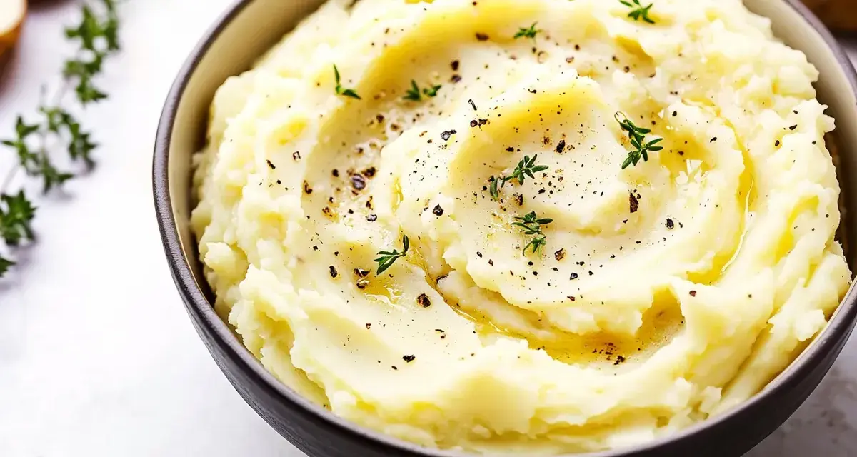 En skål med krämigt potatismos lyx, toppat med örter och peppar. Perfekt som tillbehör till middagen.