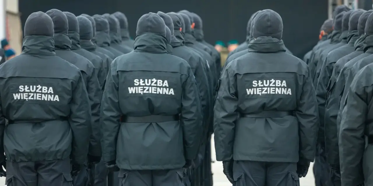 Grupa funkcjonariuszy Służby Więziennej w mundurach, widok od tyłu.