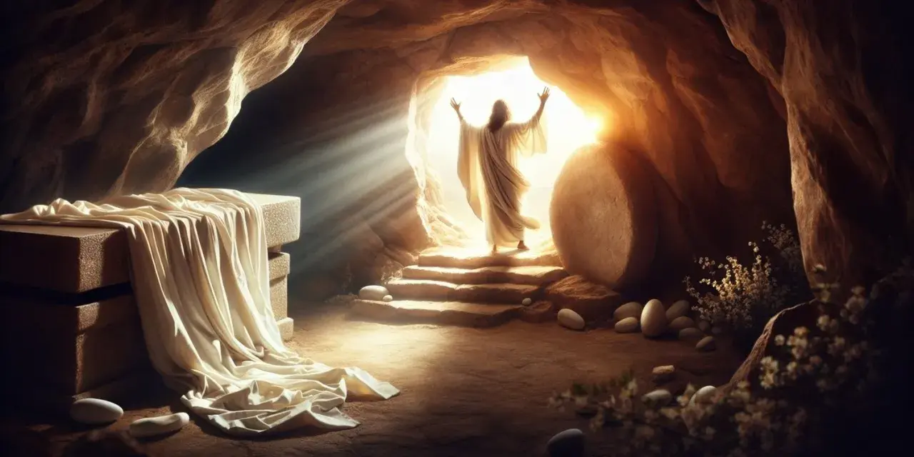 The resurrection of Jesus is depicted as a figure in white emerges from a tomb, arms raised to the light. An empty burial shroud lies on a stone slab.