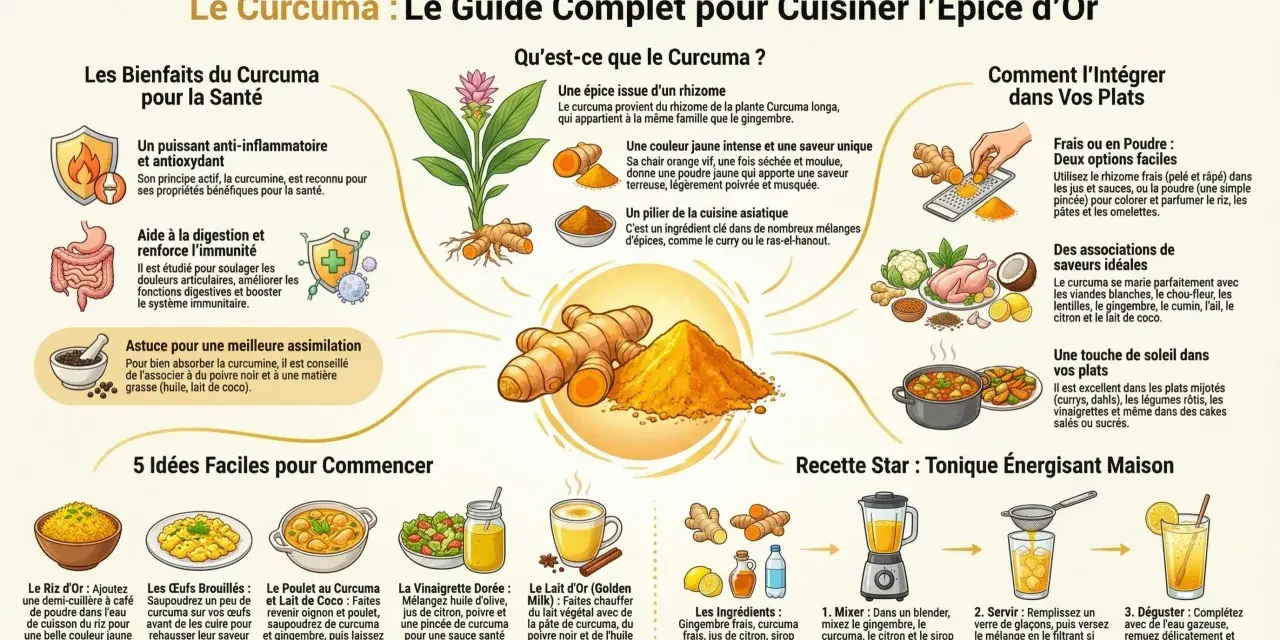 Guide complet pour cuisiner l'épice d'or : comment utiliser le curcuma en poudre pour colorer riz, pâtes, omelettes, et dans des recettes comme le poulet au lait de coco.