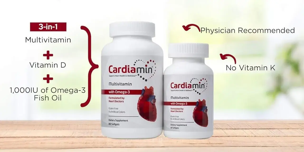 Cardiamin: 3-w-1 multivitamin z witaminą D i olejem rybim Omega-3. Polecany przez lekarzy, bez witaminy K.