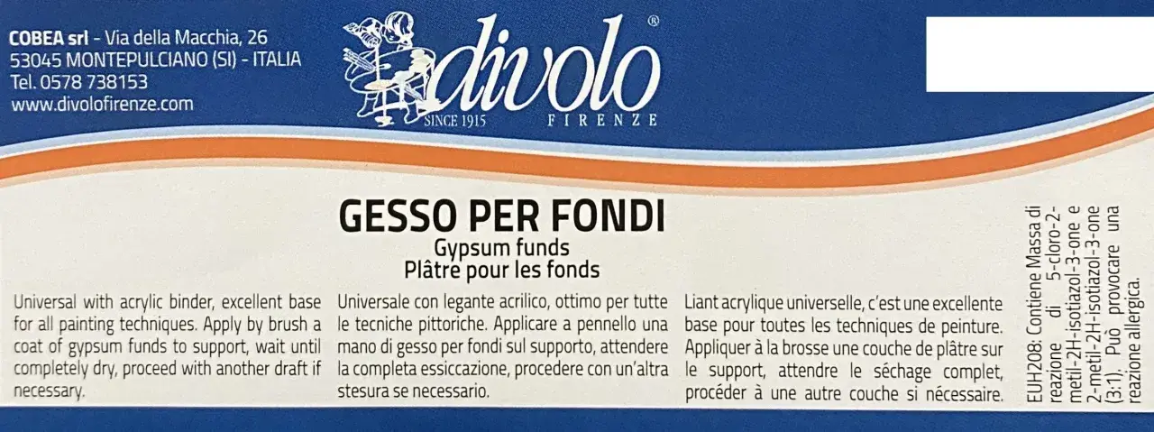 Impasto di gesso e vinavil per fondi, ideale per ogni tecnica pittorica. Si applica a pennello, attende l'asciugatura e si procede con altre stesure se necessario.
