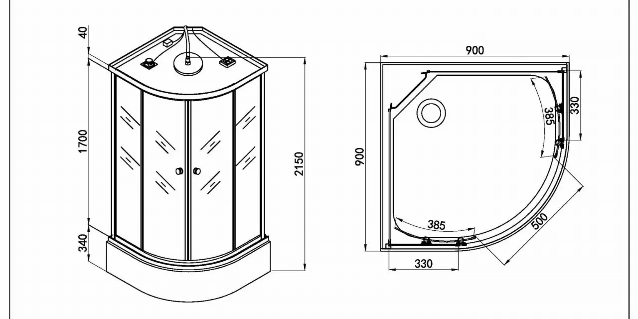 Rysunek techniczny narożnego prysznica z podanymi wymiarami: wysokość 2150 mm, szerokość 900 mm.