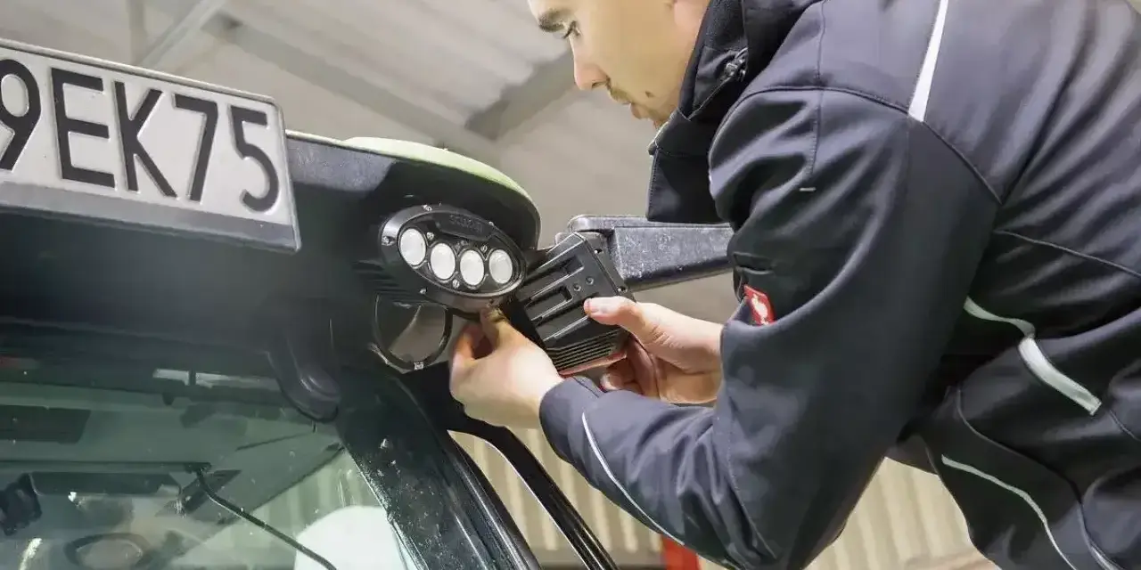 Mężczyzna dokonuje wymiany żarówki w lampie roboczej pojazdu.