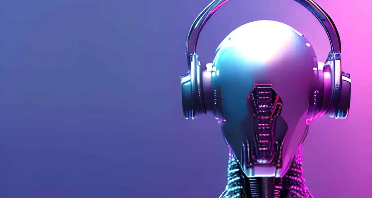 Sztuczna inteligencja słucha muzyki. Futurystyczny robot w słuchawkach, oświetlony neonowym blaskiem.