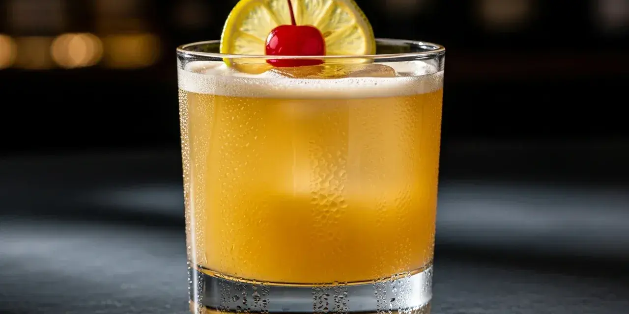 En sval amaretto sour med citronskiva och körsbär, perfekt för en avslappnad kväll.