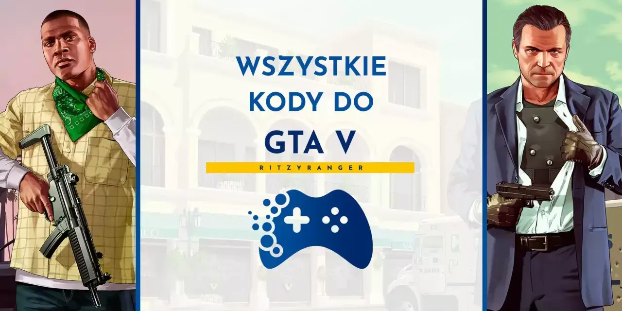 Postać z GTA V z bronią, obok napis "Wszystkie kody do GTA V PC".