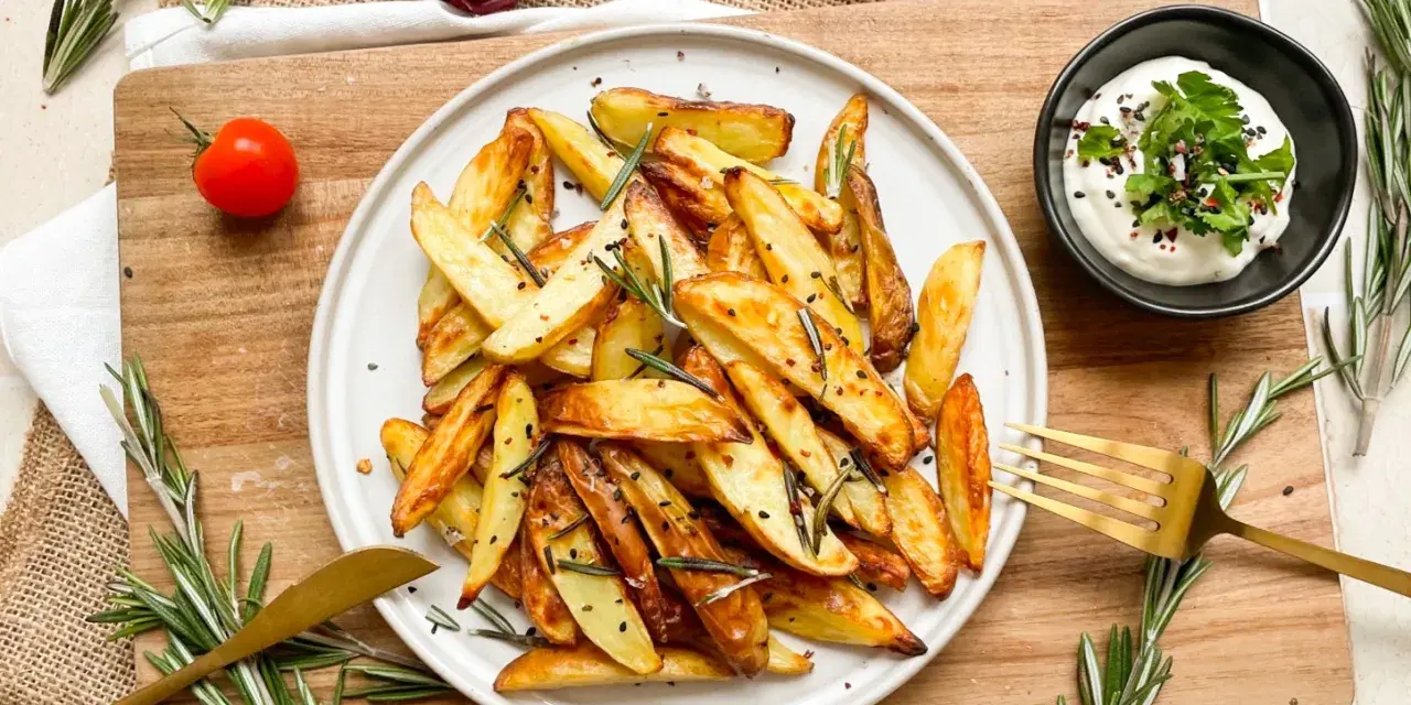 Knusprige rosmarinkartoffeln aus dem Airfryer, garniert mit frischem Rosmarin und Sesam. Dazu ein Dip.
