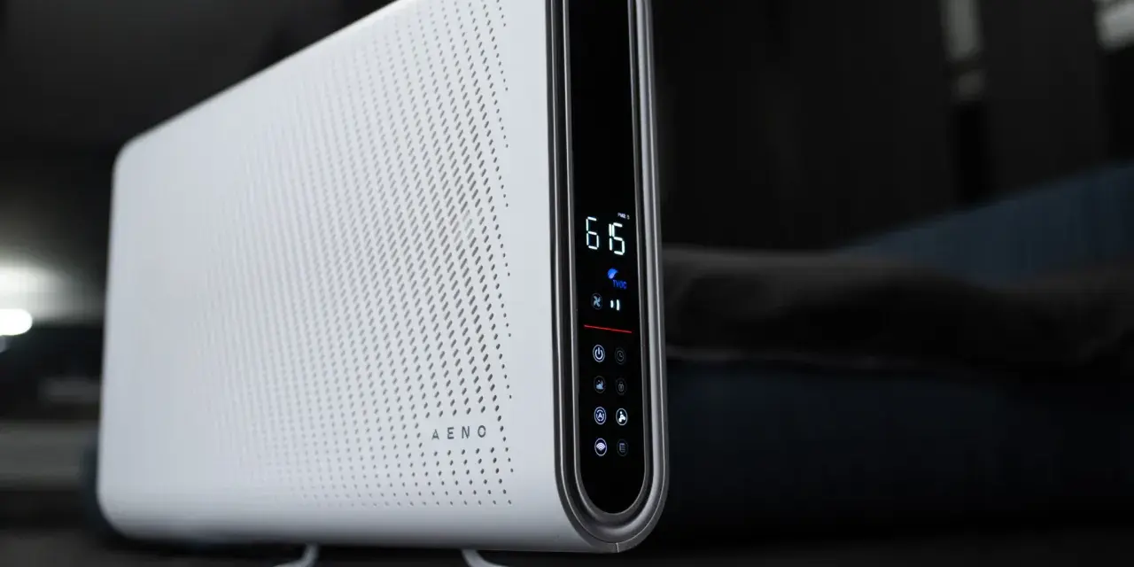 Un moderno ionizador blanco con pantalla digital, que muestra la calidad del aire y los ajustes.