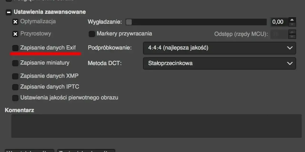 Ustawienia zaawansowane: Zapisanie danych Exif pozwala sprawdzić, kiedy było zrobione zdjęcie.