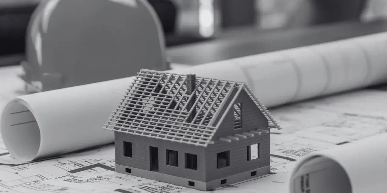 Model domu na planach budowlanych, z widoczną szerokością elewacji frontowej. Obok kask budowlany i zwinięte projekty.
