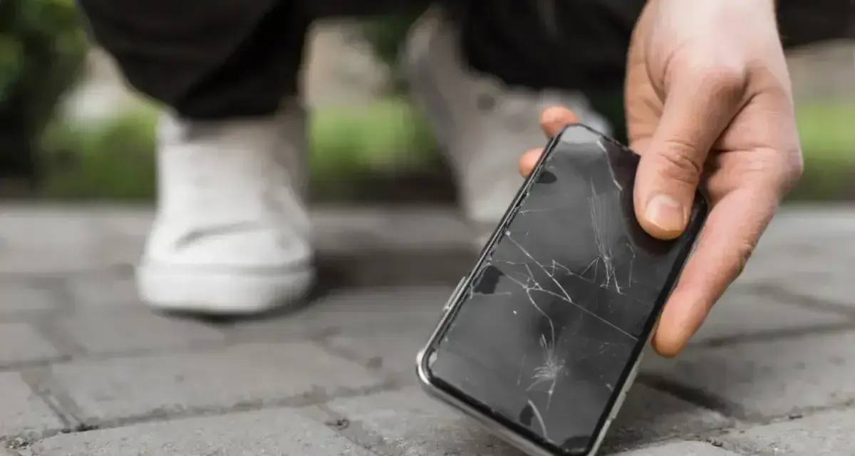 Zepsuty ekran telefonu leży na chodniku. Zastanawiasz się, ile kosztuje naprawa aparatu w telefonie po takim wypadku?