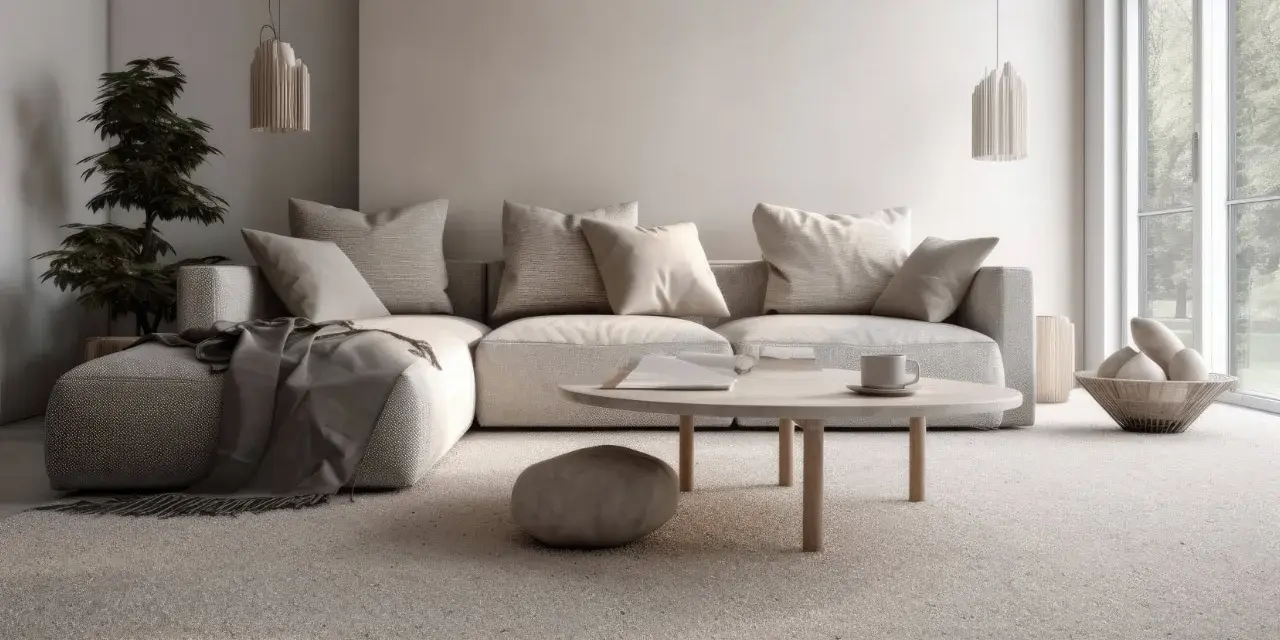 Un soggiorno accogliente con divano angolare, tavolino rotondo e tappeto in un caldo color taupe che è.