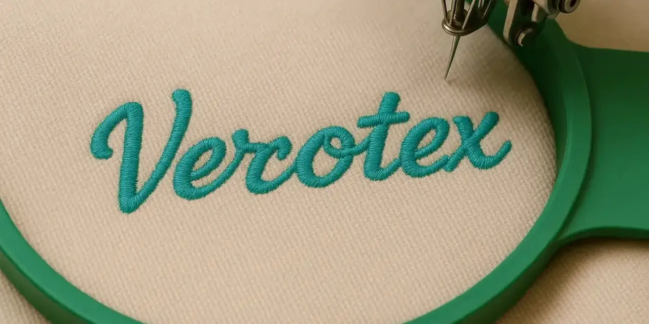 Broderie du mot "Verotex" sur un tissu beige, montrant les bases de la couture avec une machine à broder.