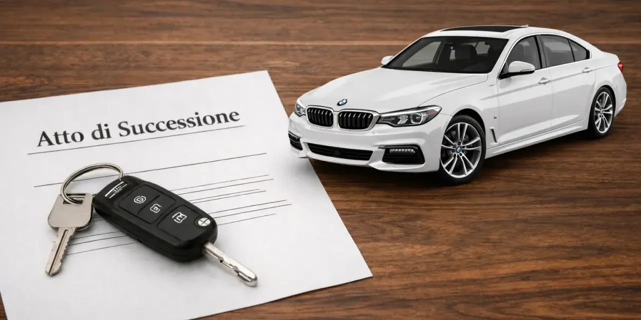 Chiavi e atto di successione accanto a un'auto bianca. Informazioni sulla successione auto defunto senza testamento costo.