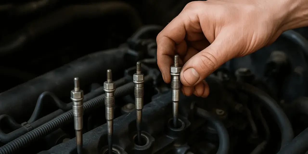 Dłoń mechanika wykonuje wymianę świec żarowych w silniku diesla.