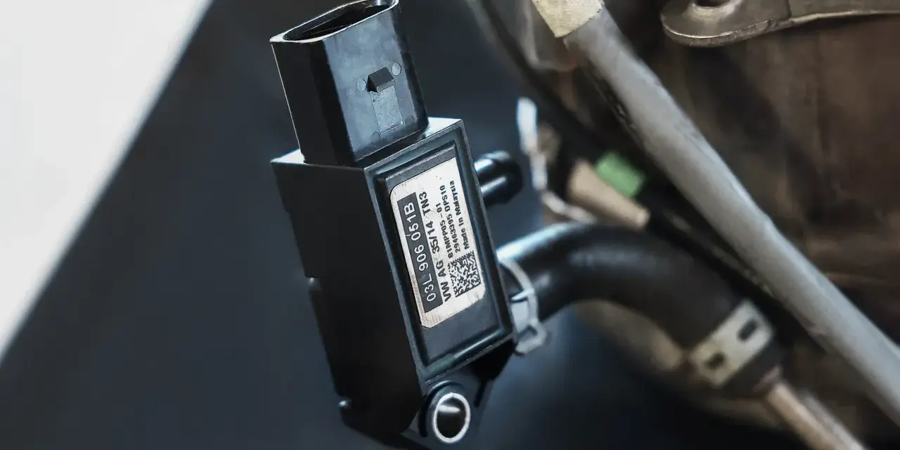 Czujnik różnicy ciśnień VW AG 03L 906 051B, kluczowy element układu dolotowego, zamontowany na przewodzie.