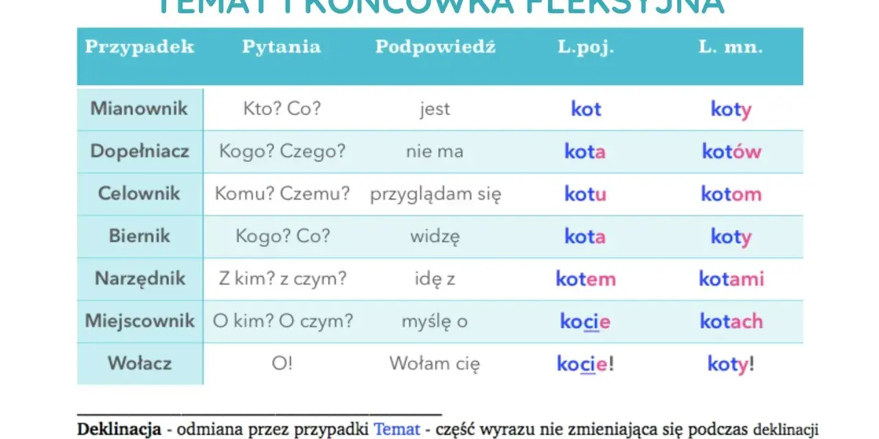 Tabela pokazuje odmianę rzeczownika "kot" przez przypadki, odpowiadając na pytania.