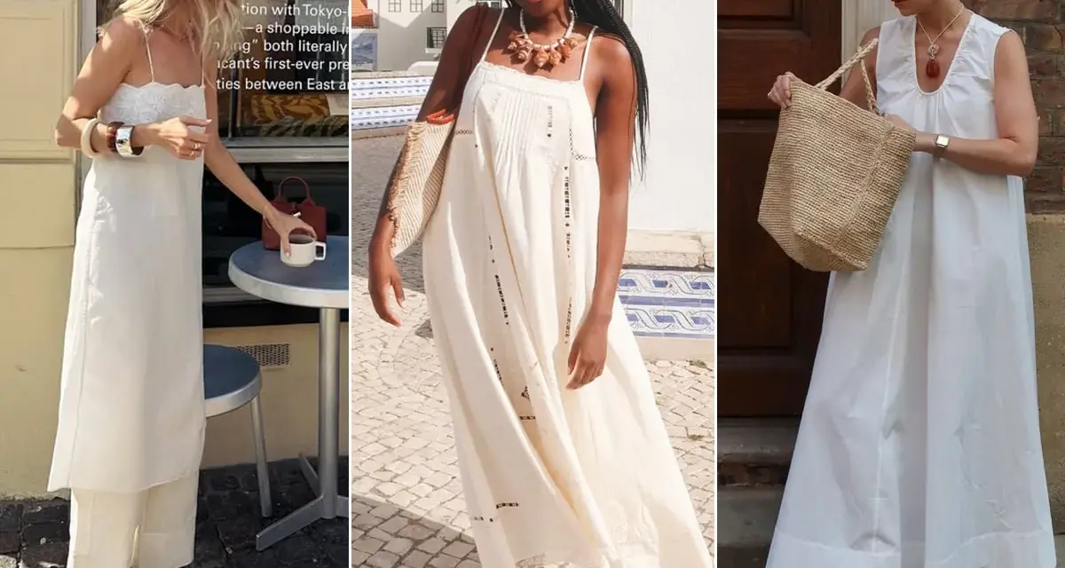 Tre donne con abiti bianchi leggeri. Idee su quale abito in pizzo che scarpe abbinare: sandali bassi, espadrillas o infradito.