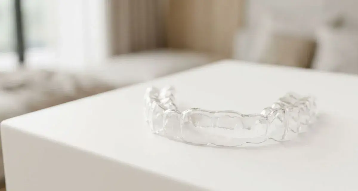Przezroczysty retainer, który pomaga utrzymać zęby w idealnym położeniu po leczeniu ortodontycznym.