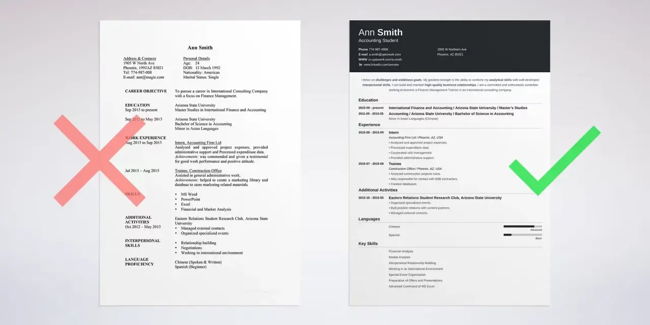 CV Ann Smith: dane osobowe, wykształcenie, doświadczenie zawodowe, umiejętności. Zielony znaczek potwierdza poprawność danych.