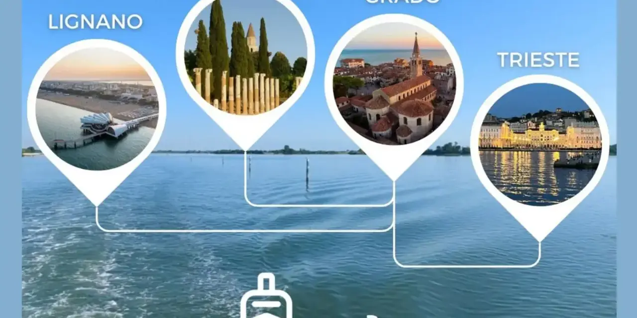 Esplora il mare del Friuli Venezia Giulia: Lignano, Aquileia, Grado e Trieste. Icone di nave e bici suggeriscono itinerari.