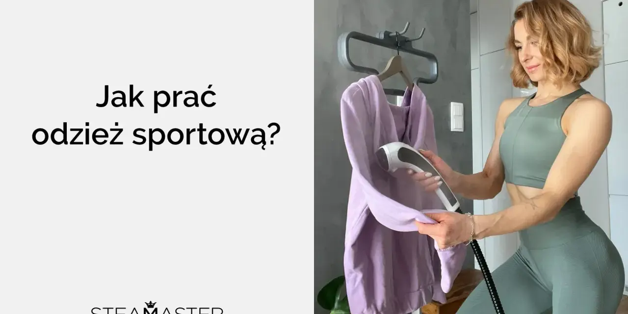 Kobieta w sportowym stroju prasuje parownicą fioletową bluzę. Dbanie o odzież sportową jest kluczowe.